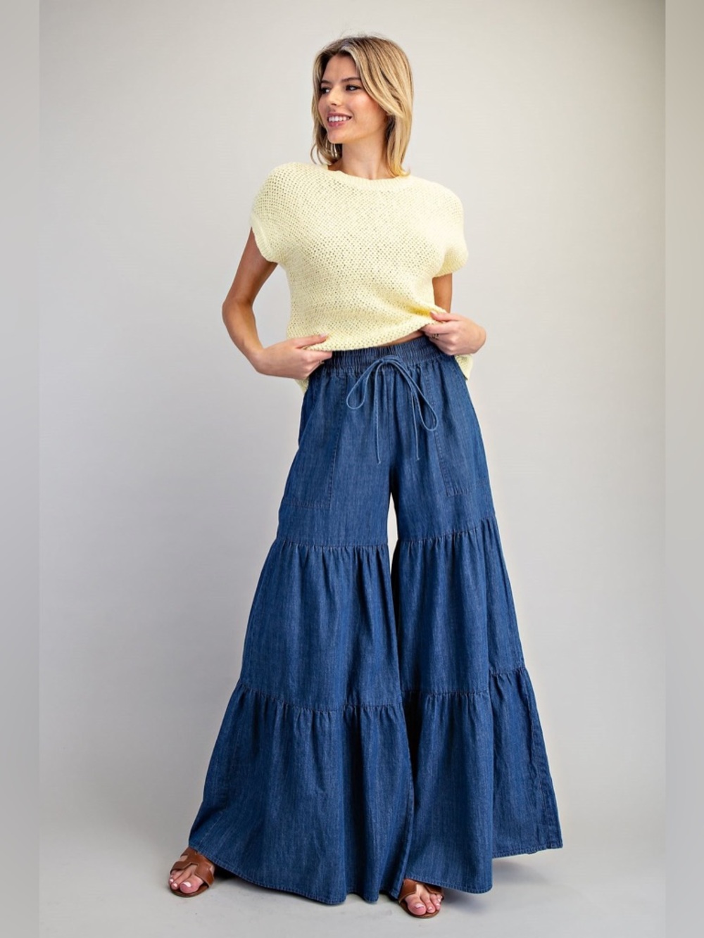 Tiered Ultra Wide Leg Mineral Washed Denim Palazzo Pants - eesome - Picture 10 of 10